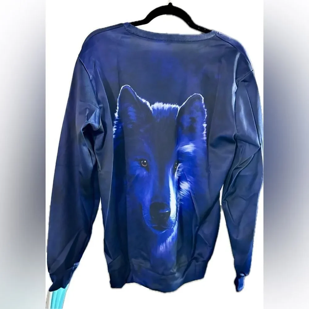 NWT Unisex Blue Graphic Fox Face Sweatshirt- Size 3XL
